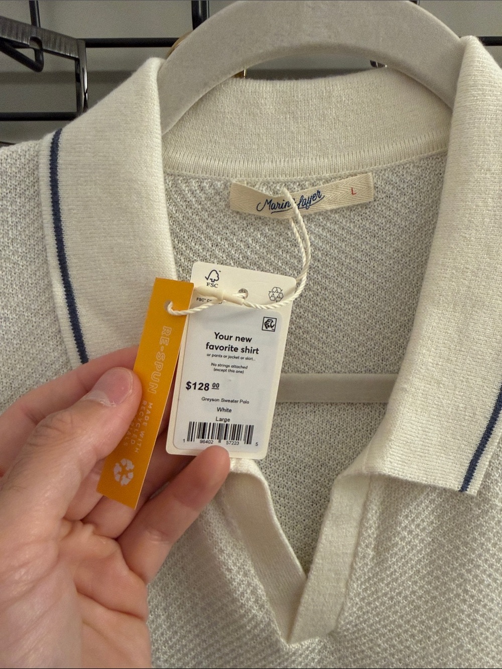 Marine Layer Cream Knit Polo with Navy Contrast Trim - Picture 3 of 5